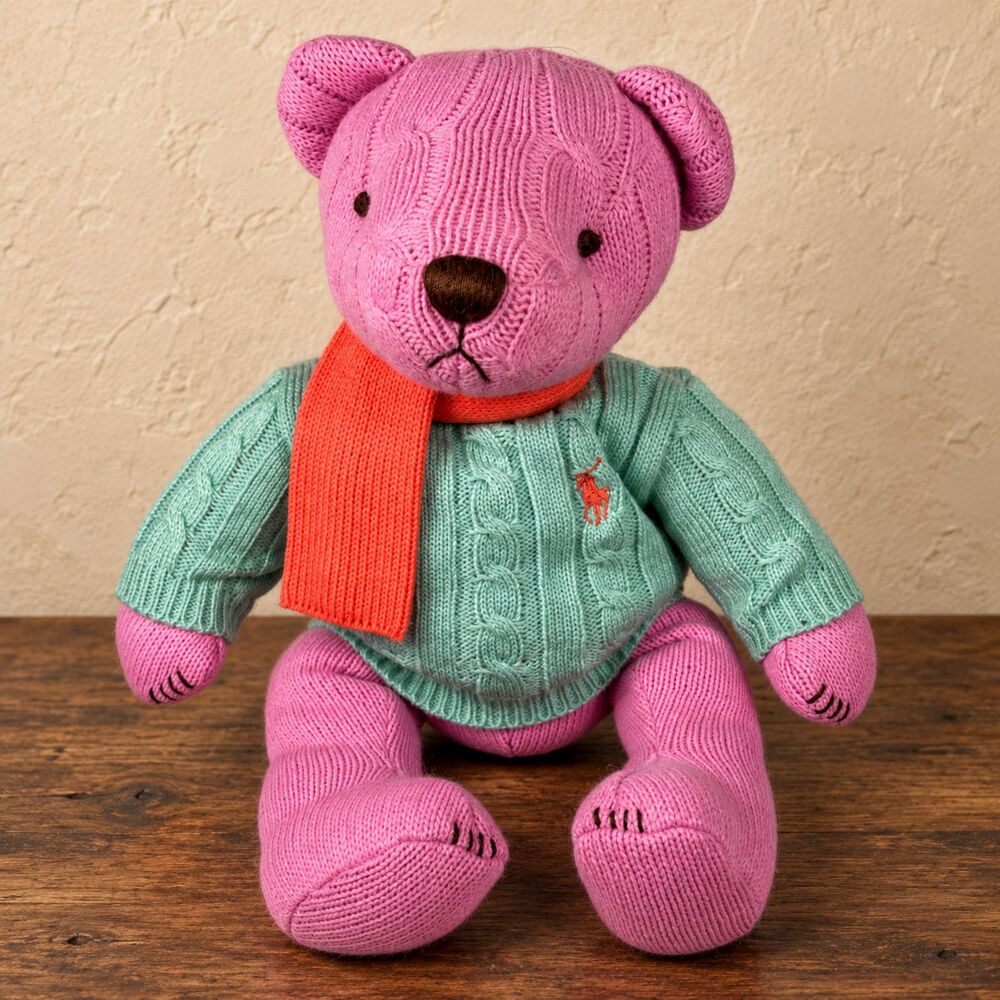 Vintage Ralph Lauren 2004 Pink Knit Teddy Bear Green Sweater Scarf Plush